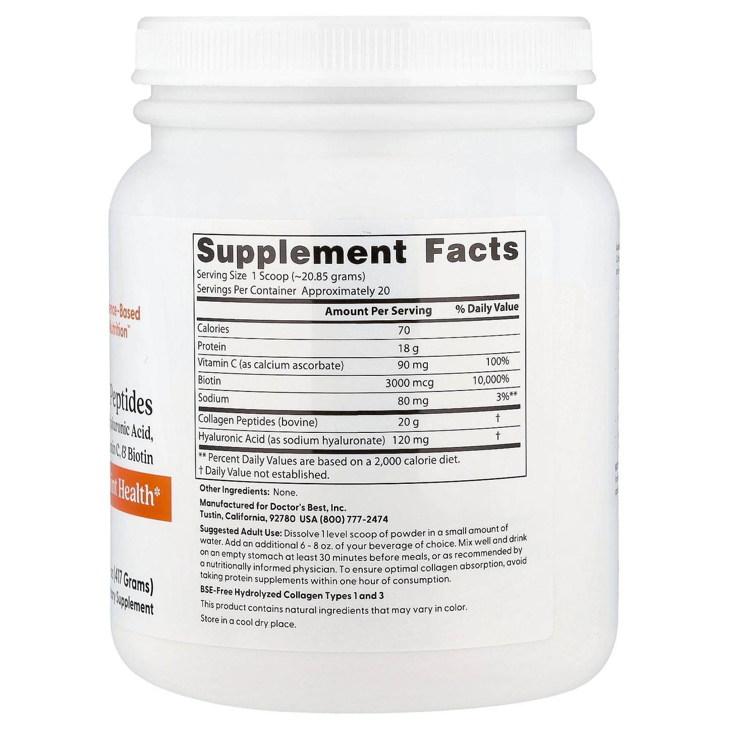 Doctor's Best Pure Collagen Peptides with Added Hyaluronic Acid, Vitamin C, & Biotin, Net Wt. 14.8 oz (417 Grams)