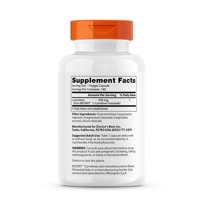 Doctor's Best L-Carnitine Fumarate with Biosint Carnitines, 855 mg, 180 Veggie Caps