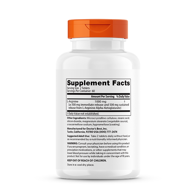 Doctor's Best L-Arginine Sustained Plus Immediate Release, 1000 mg Per Serving, 120 Bilayer Tablets