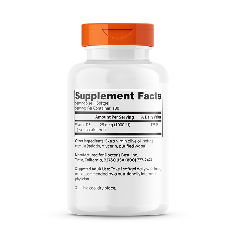 Doctor's Best Vitamin D3, 25 mcg (1,000 IU), 180 Softgels