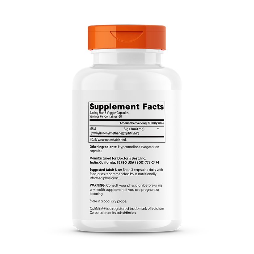 Doctor's Best MSM with OptiMSM, 3000 mg Per Serving, 180 Veggie Caps