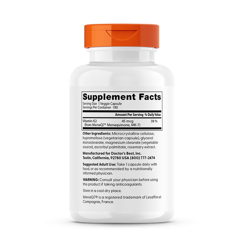 Doctor's Best Natural Vitamin K2 MK-7 with MenaQ7, 45 mcg, 180 Veggie Caps