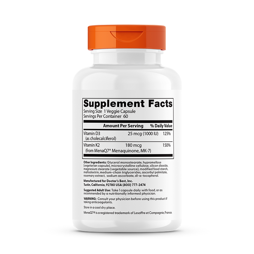 Doctor's Best Natural Vitamin K2 MK-7 with MenaQ7 plus Vitamin D3, 180 mcg, 60 Veggie Caps