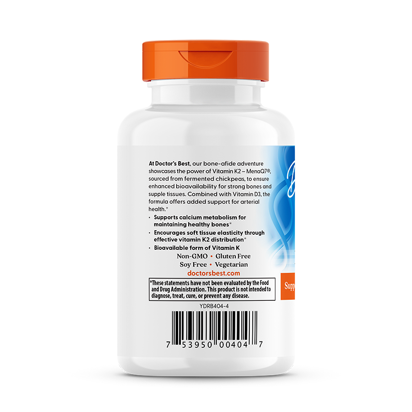 Doctor's Best Natural Vitamin K2 MK-7 with MenaQ7 plus Vitamin D3, 180 mcg, 60 Veggie Caps