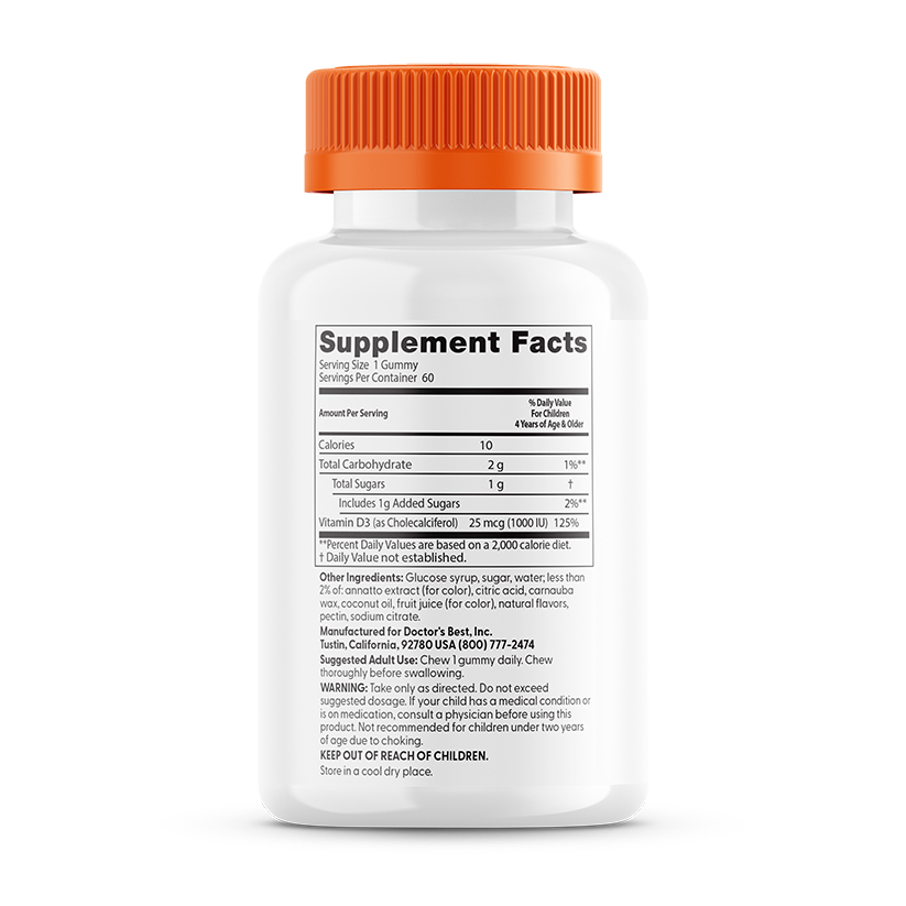 Doctor's Best Doc's Kids, Vitamin D3 Gummies, All Natural Fruit, 25 mcg (1,000 IU), 60 Natural Fruit Pectin Gummies