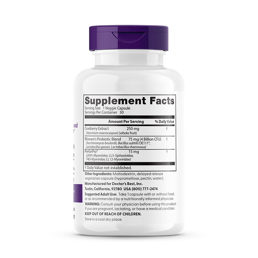 Doctor's Best Women's Digestive Probiotic Prebiotic With Cranberry, 4 Billion CFU Per Serving, 30 Veggie Cap