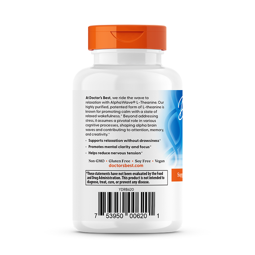 Doctor's Best L-Theanine, AlphaWave®, 200 mg Per Serving, 60 Veggie Caps