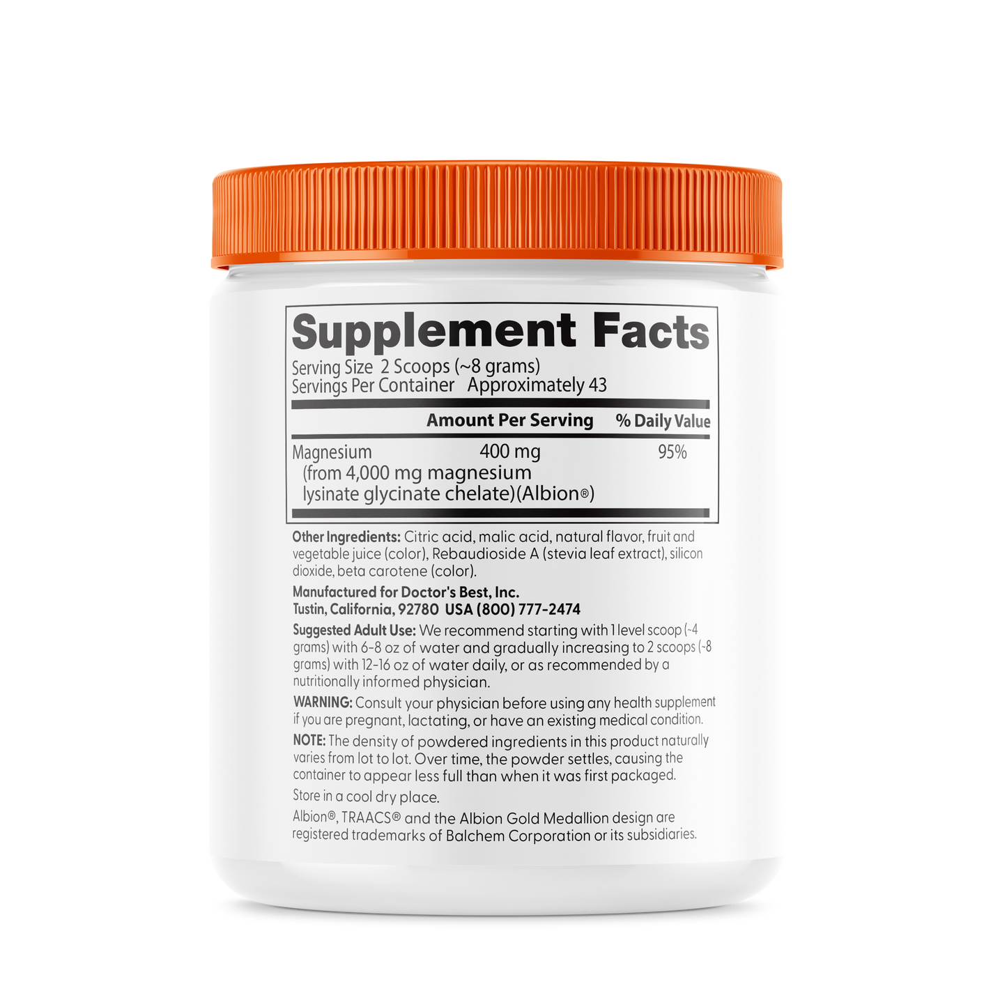 Doctor's Best High Absorption Magnesium Powder Lysinate Glycinate 100% Chelated, 400 mg Per Serving, Fruit Punch, 12.1 oz (340 g)