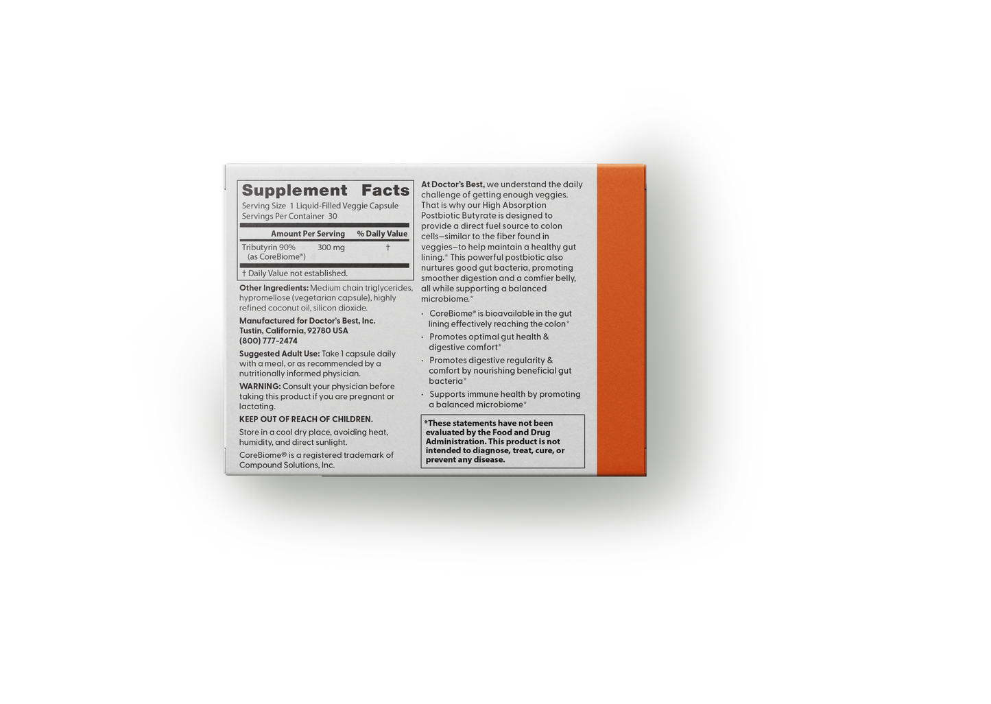 Doctor's Best High Absorption Postbiotic Butyrate, 300 mg, 30 Liquid-Filled Veggie Capsules