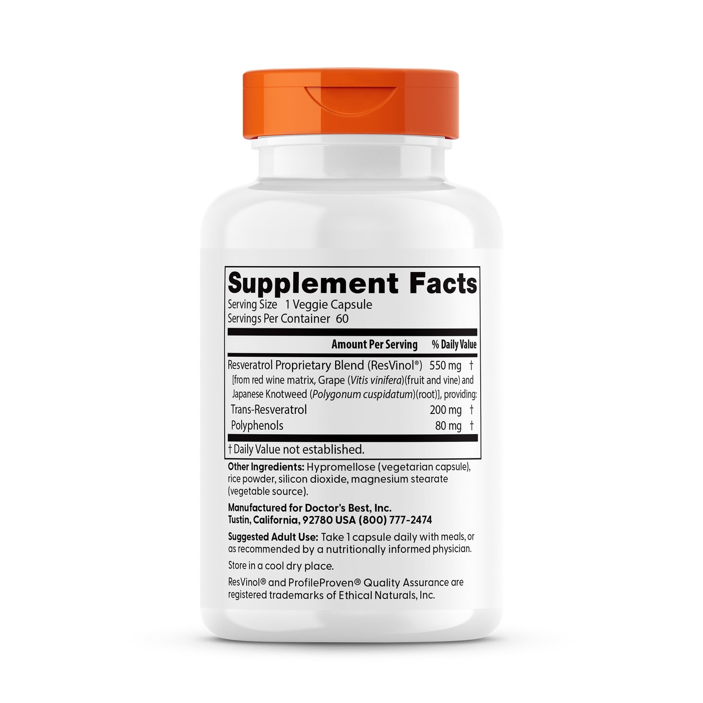 Doctor's Best Trans-Resveratrol 200 with Resvinol, 200 mg, 60 Veggie Caps