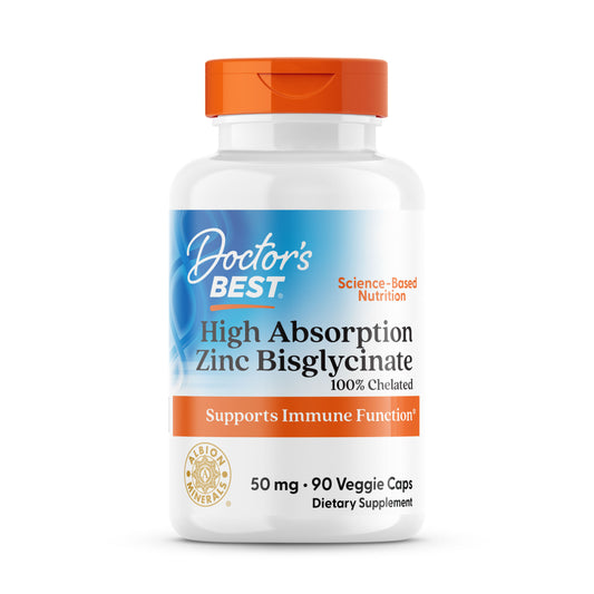 Doctor's Best High Absorption Zinc Bisglycinate, 100% Chelated, 50 mg, 90 Veggie Caps