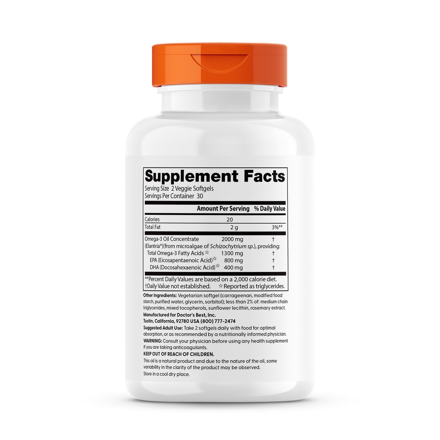 Doctor's Best Vegan Omega-3, 2,000 mg, 6 Veggie Softgels (1,000 mg per Softgel)