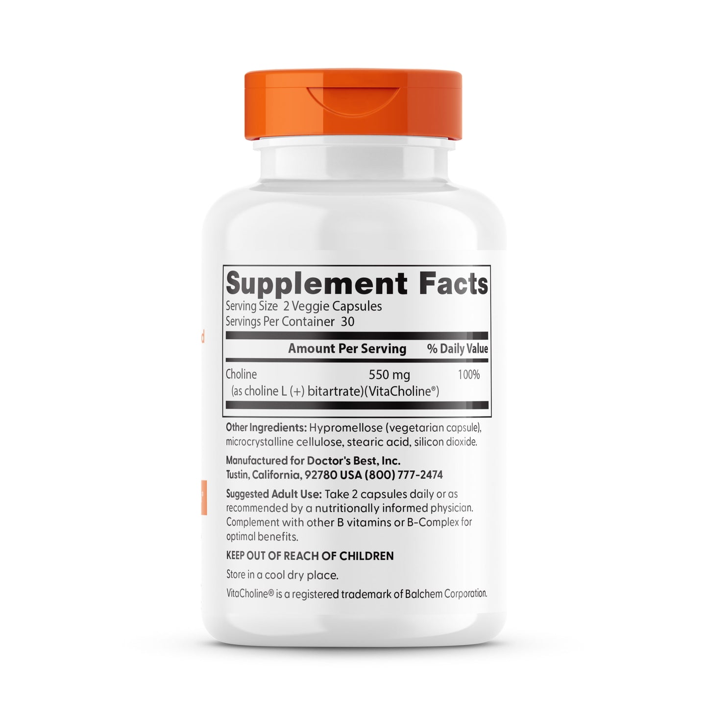 Doctor's Best Choline L-Bitartrate, 550 mg Per Serving, 60 Veggie Caps
