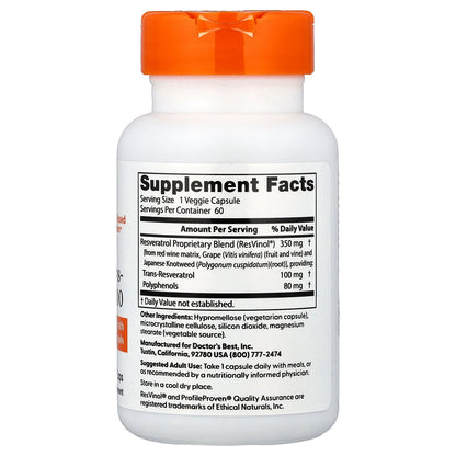 Doctor's Best Trans-Resveratrol 100 with ResVinol, 100 mg, 60 Veggie Caps
