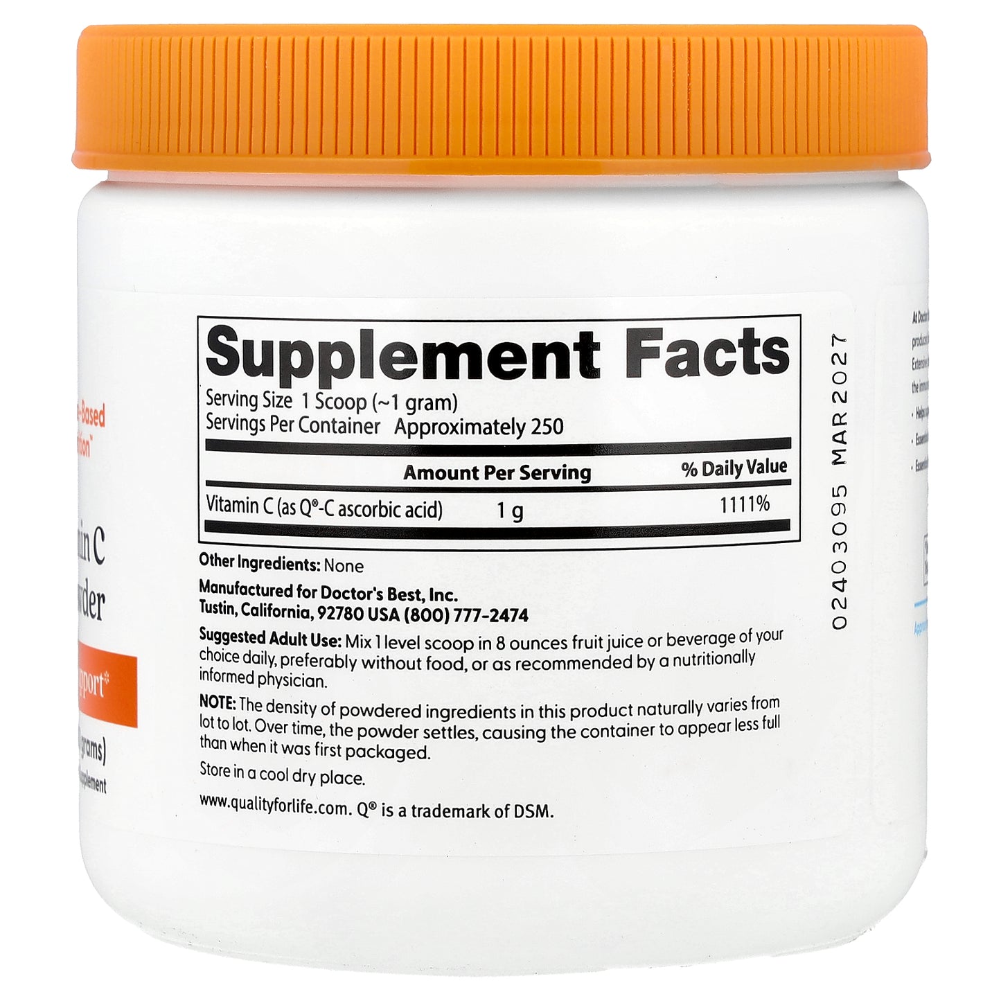 Doctor's Best Pure Vitamin C Powder with Q-C, 8.8 oz (250 g)