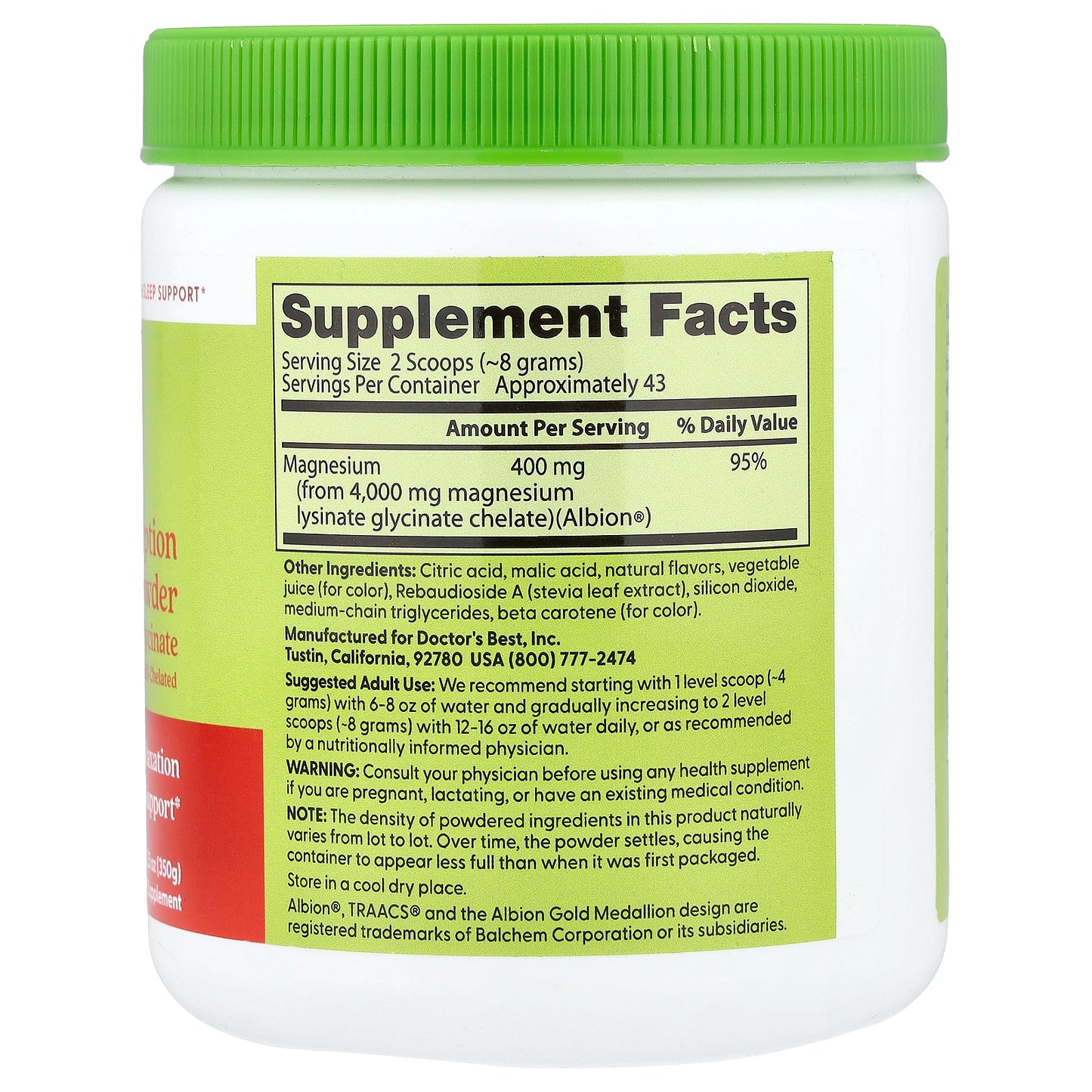 Doctor's Best High Absorption Magnesium Powder, Strawberry Lime, 12.5 oz (350 g)