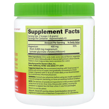 Doctor's Best High Absorption Magnesium Powder, Strawberry Lime, 12.5 oz (350 g)