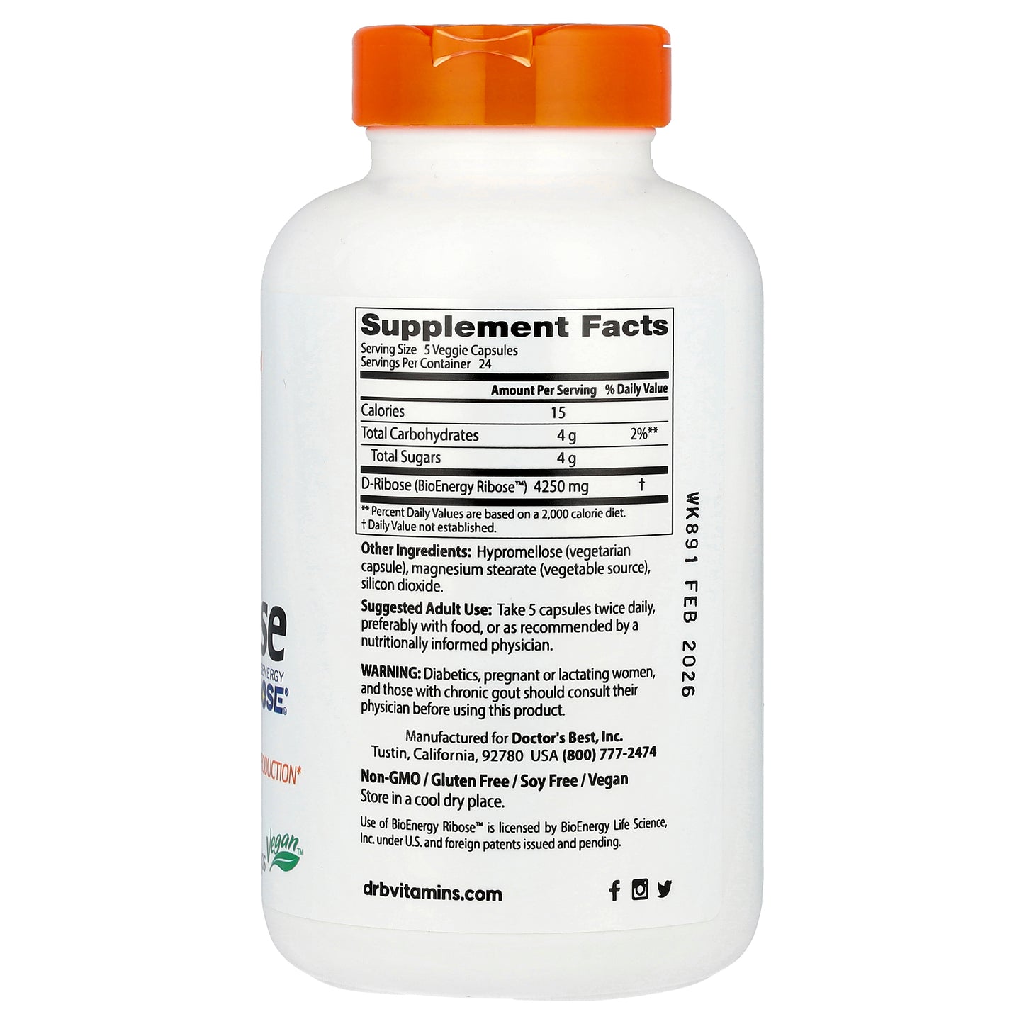Doctor's Best D-Ribose with BioEnergy Ribose, 850 mg, 120 Veggie Caps