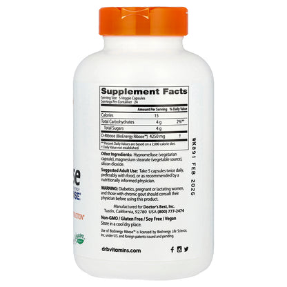 Doctor's Best D-Ribose with BioEnergy Ribose, 850 mg, 120 Veggie Caps
