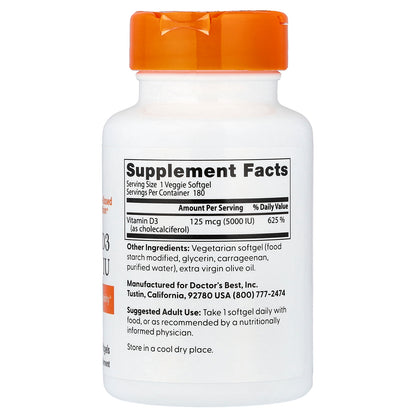 Doctor's Best Vitamin D3, 125 mcg (5,000 IU), 180 Veggie Softgels