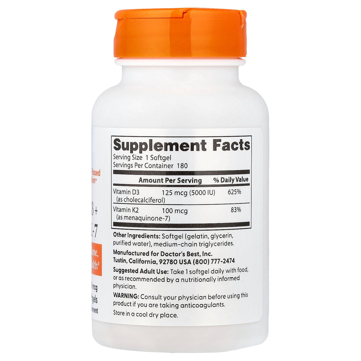 Doctor's Best Vitamin D3 + K2 MK-7, 180 Softgels