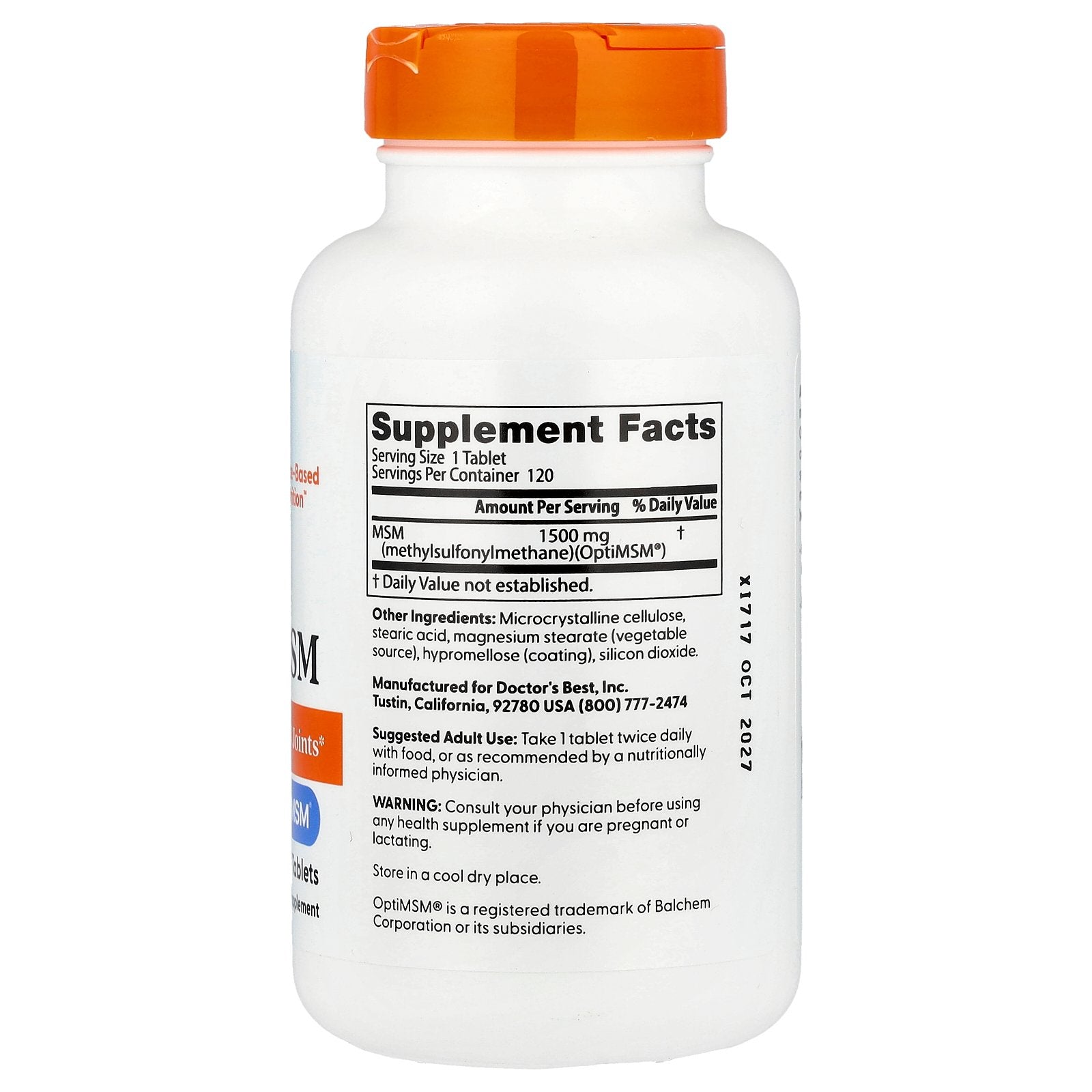 Doctor's Best MSM with OptiMSM, 1,500 mg, 120 Tablets