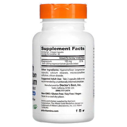 Doctor's Best High Absorption Magnesium, Lysinate Glycinate 100% Chelated, 52.5 mg, 120 Veggie Caps