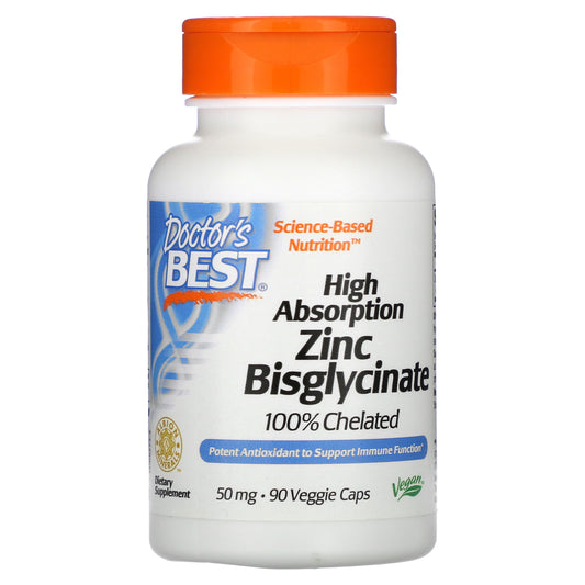 Doctor's Best High Absorption Zinc Bisglycinate, 100% Chelated, 50 mg, 90 Veggie Caps