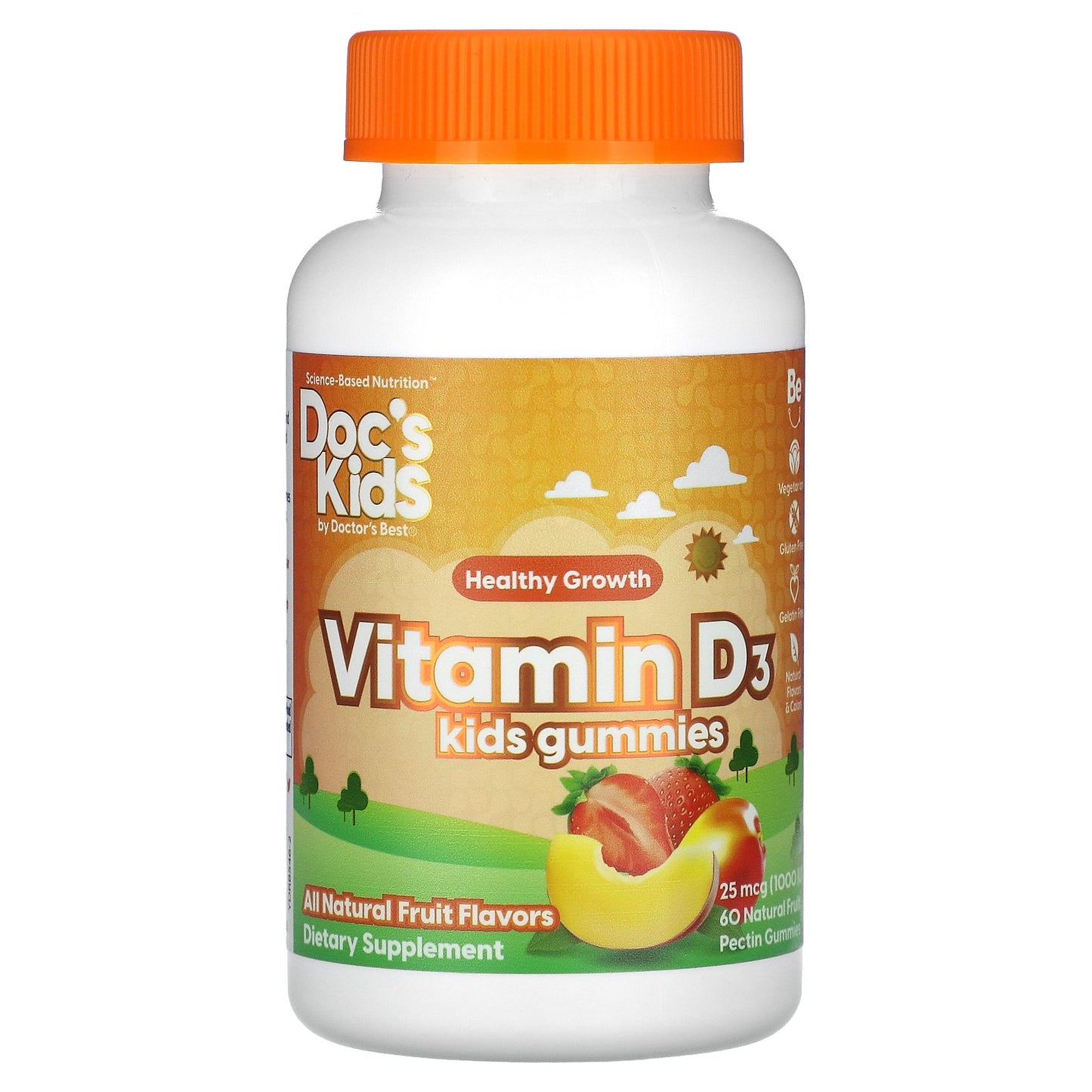 Doctor's Best Doc's Kids, Vitamin D3 Gummies, All Natural Fruit, 25 mcg (1,000 IU), 60 Natural Fruit Pectin Gummies