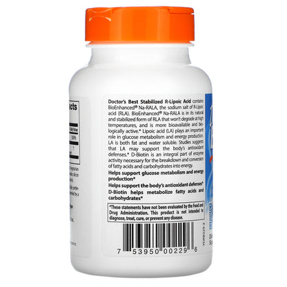 Doctor's Best Stabilized R-Lipoic Acid with BioEnhanced Na-RALA, 100 mg, 180 Veggie Caps