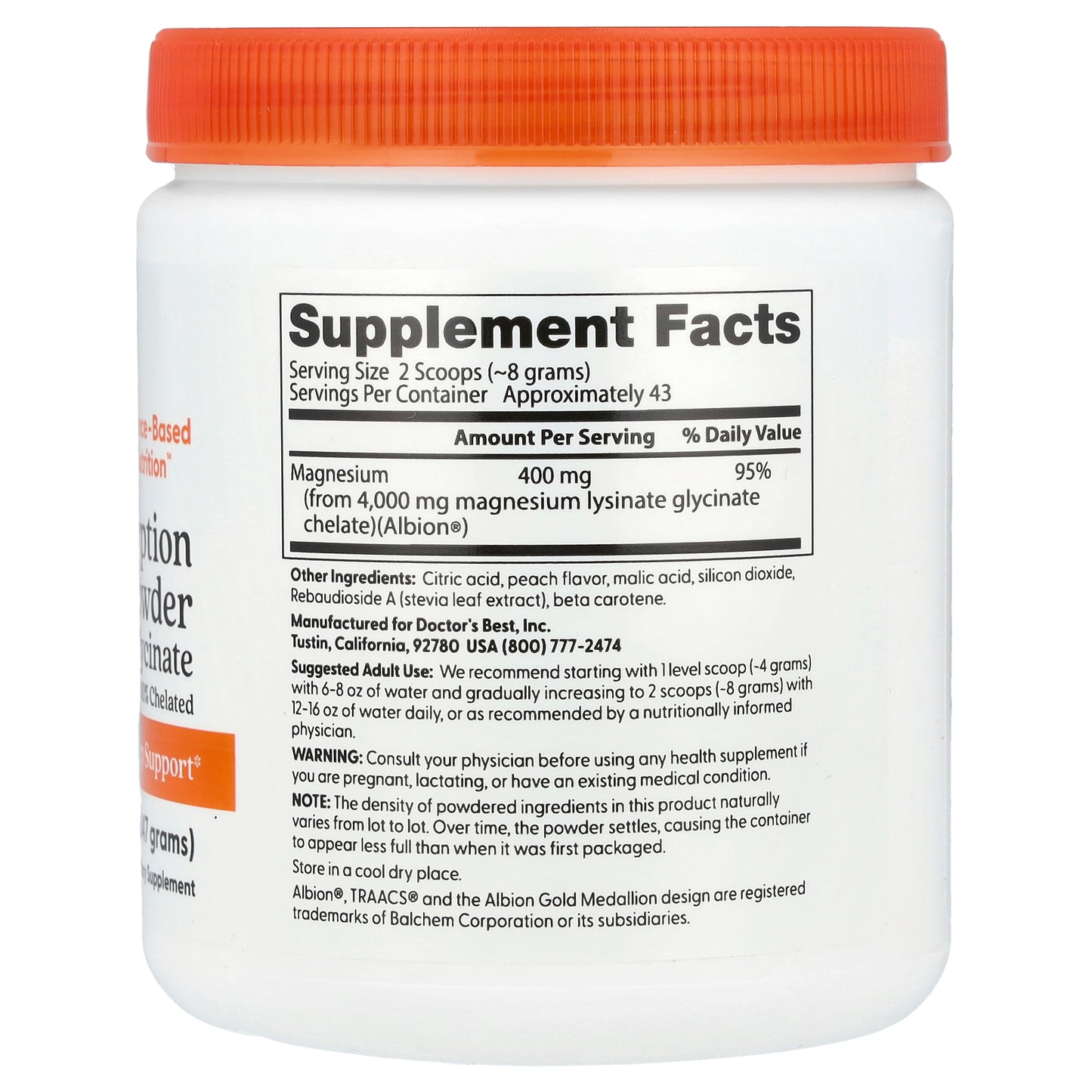 Doctor's Best High Absorption Magnesium Powder, Sweet Peach, 12.3 oz (347 g)