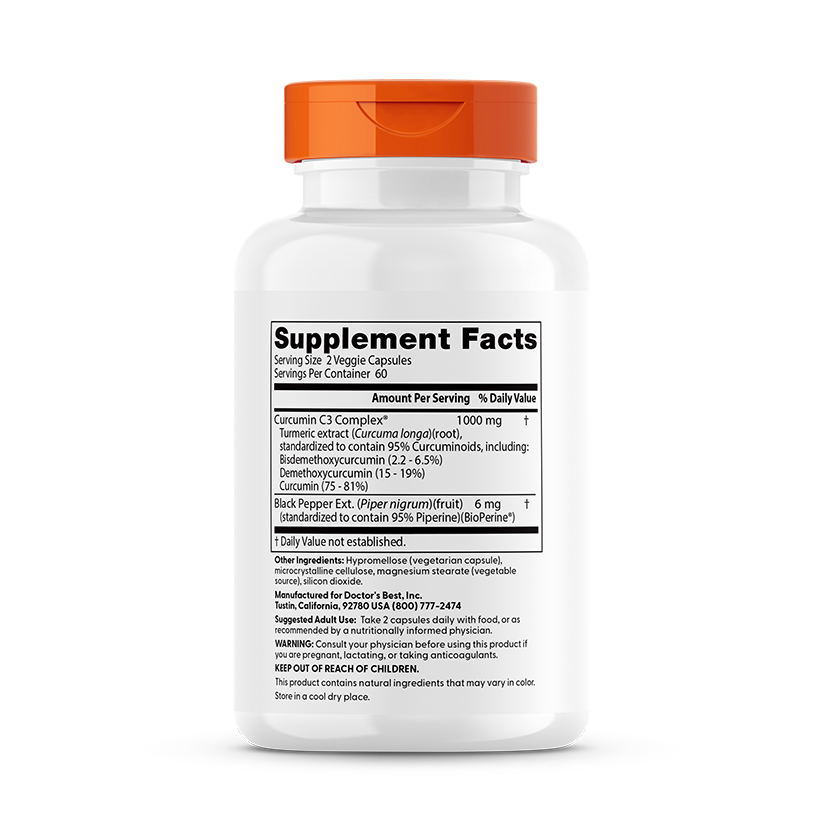 Doctor's Best High Absorption Curcumin from Turmeric Root, 1000 mg Per Serving, 120 Veggie Caps