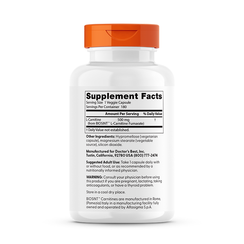 Doctor's Best L-Carnitine Fumarate with Biosint Carnitines, 855 mg, 180 Veggie Caps