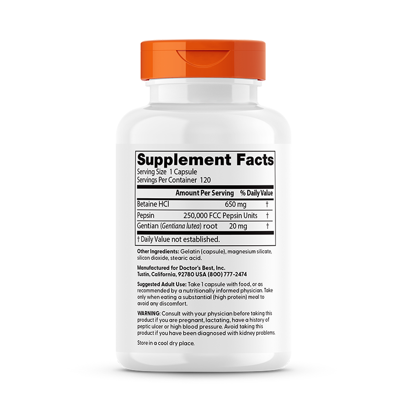 Doctor's Best Betaine HCl Pepsin & Gentian Bitters, 120 Capsules
