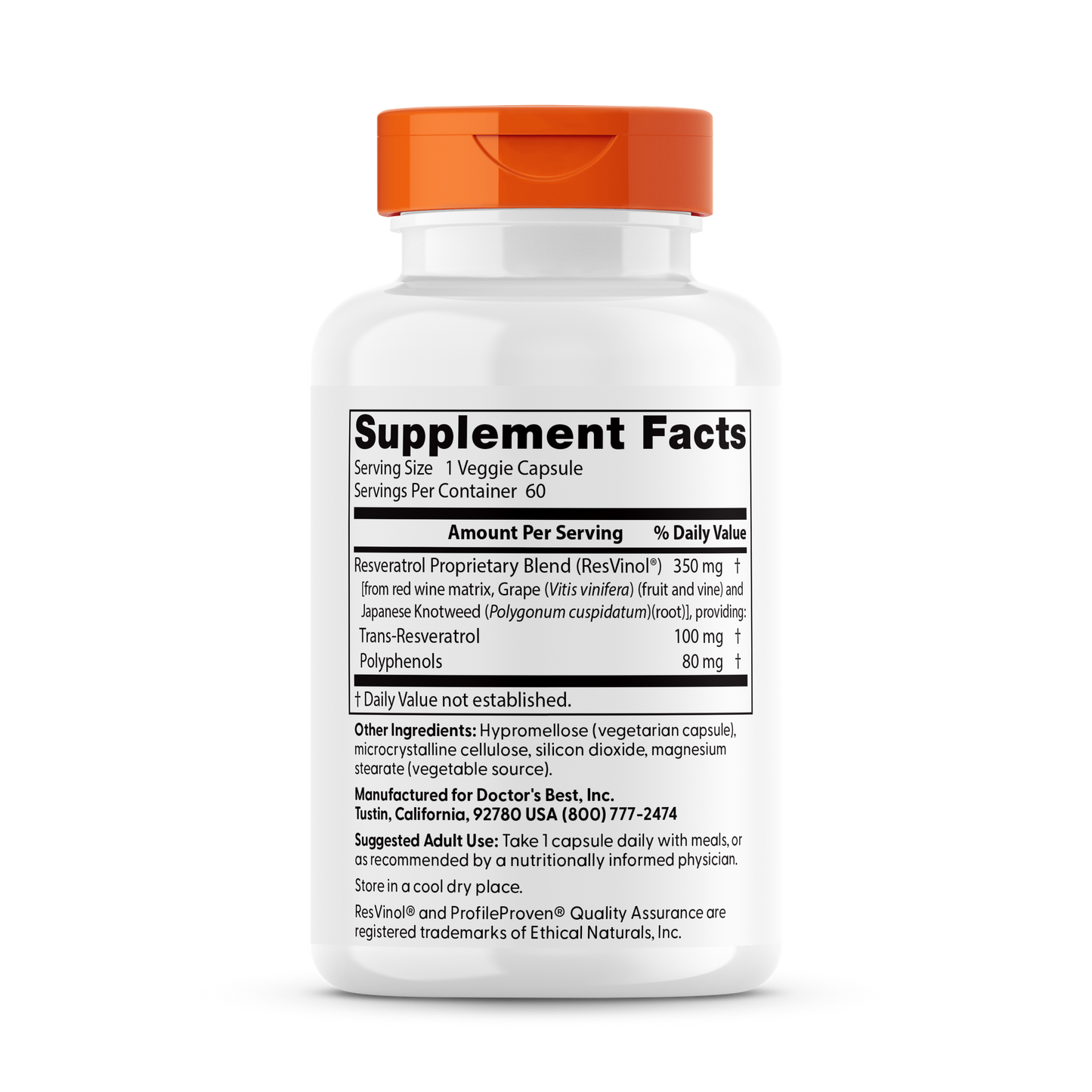 Doctor's Best Trans-Resveratrol 100 with ResVinol, 100 mg, 60 Veggie Caps