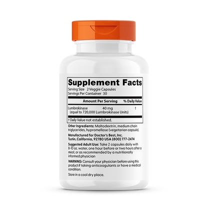Doctor's Best Lumbrokinase, 720,000 Units Per Serving, 60 Veggie Caps