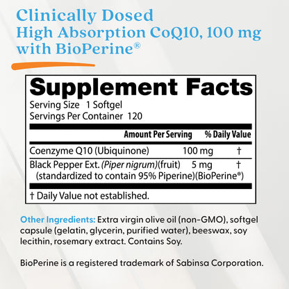 Doctor's Best High Absorption CoQ10 with BioPerine, 100 mg, 120 Softgels