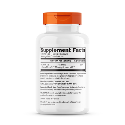 Doctor's Best Natural Vitamin K2 MK-7 with MenaQ7, 45 mcg, 60 Veggie Caps