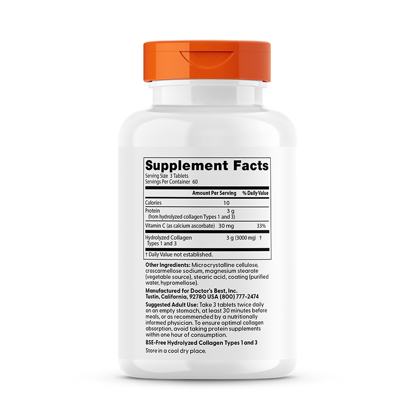 Doctor's Best Collagen Types 1 and 3 and Vitamin C, 3,000 mg Per Serving, 180 Tablets