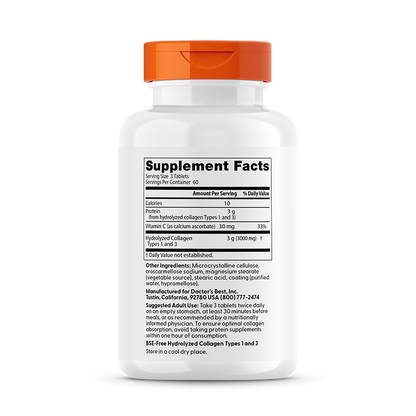 Doctor's Best Collagen Types 1 and 3 and Vitamin C, 3,000 mg Per Serving, 180 Tablets