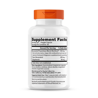 Doctor's Best Trans-Resveratrol 200  with Resvinol, 200 mg, 60 Veggie Caps