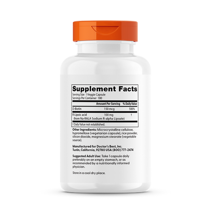 Doctor's Best Stabilized R-Lipoic Acid, 100 mg, 180 Veggie Caps