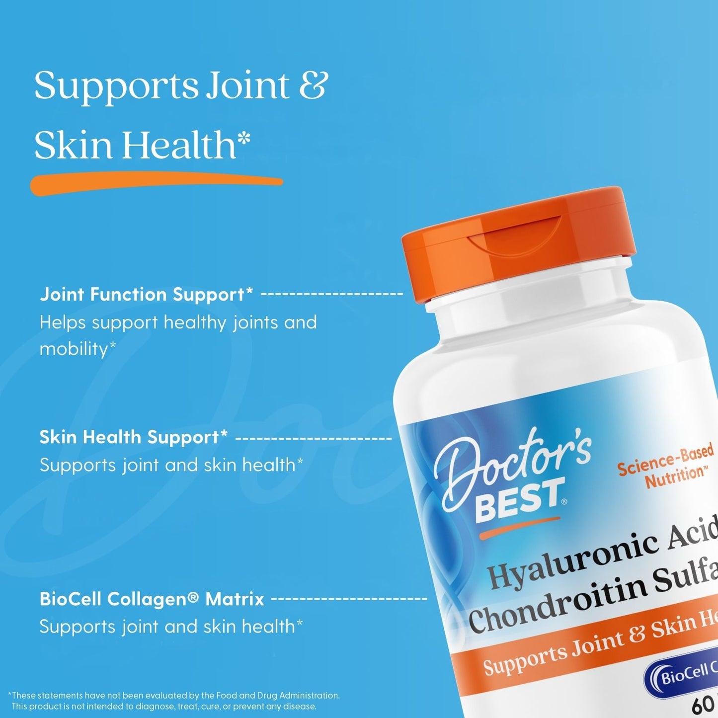 Doctor's Best Hyaluronic Acid + Chondroitin Sulfate with BioCell Collagen, 60 Tablets