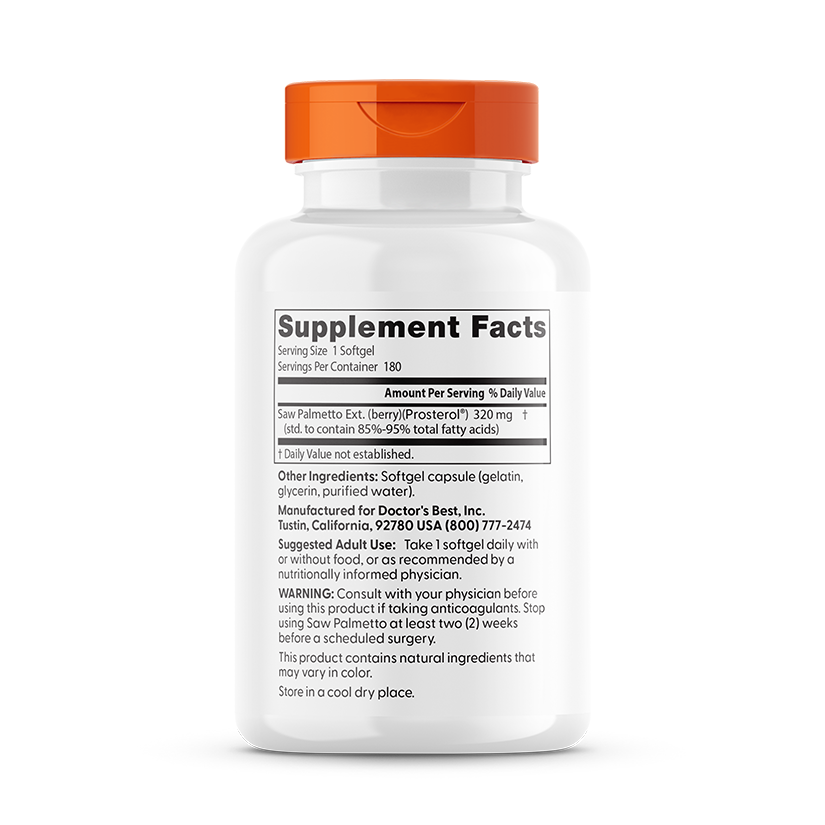 Doctor's Best Saw Palmetto, Standardized Extract, 320 mg, 180 Softgels