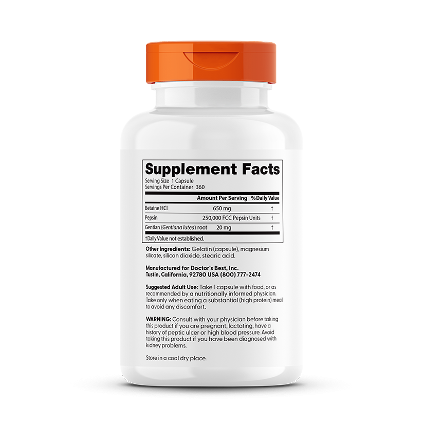 Doctor's Best Betaine HCl, Pepsin & Gentian Bitters, 360 Capsules