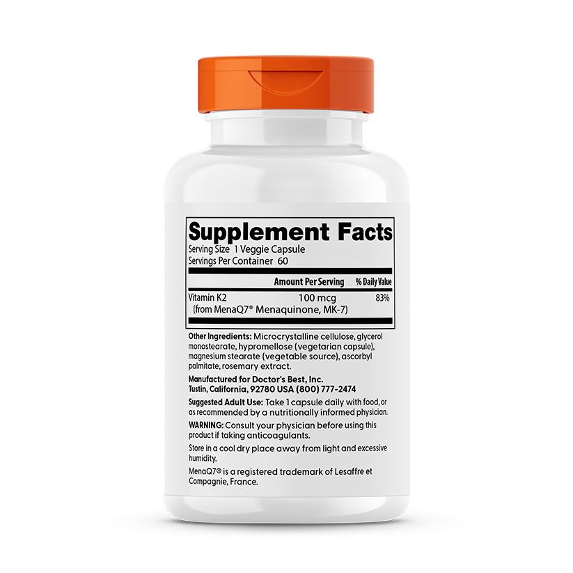 Doctor's Best Natural Vitamin K2 MK-7 with MenaQ7, 100 mcg, 60 Veggie Caps