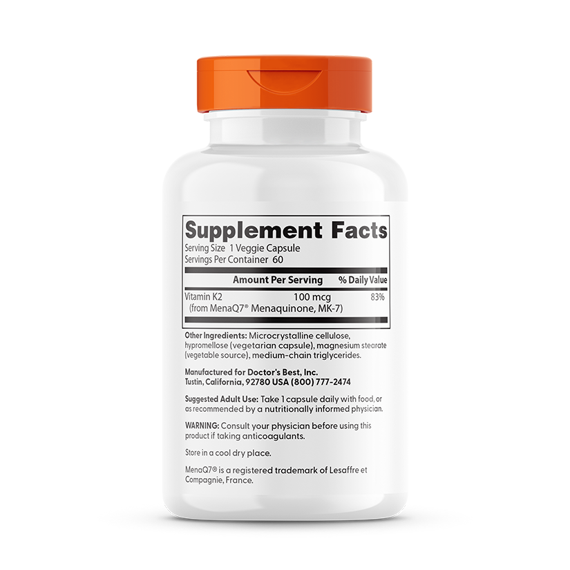 Doctor's Best Natural Vitamin K2 MK-7 with MenaQ7, 100 mcg, 60 Veggie Caps