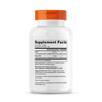 Doctor's Best Lutein with Lutemax 2020, 20 mg, 180 Softgels