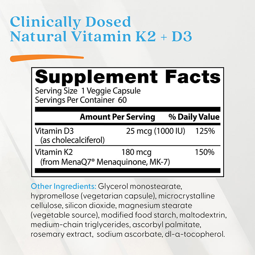 Doctor's Best Natural Vitamin K2 MK-7 with MenaQ7 plus Vitamin D3, 180