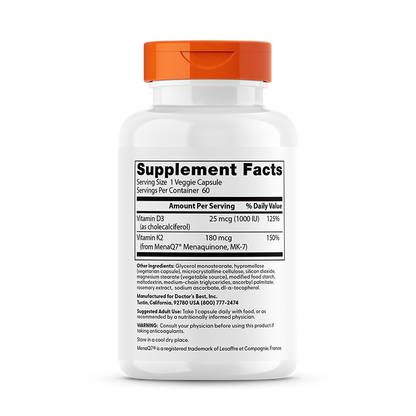 Doctor's Best Natural Vitamin K2 MK-7 with MenaQ7 plus Vitamin D3, 180 mcg, 60 Veggie Caps